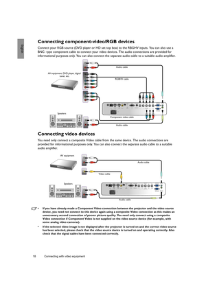 Page 1818 Connecting with video equipment  
EnglishConnecting component-video/RGB devices
Connect your RGB source (DVD player or HD set top box) to the RBGHV inputs. You can also use a 
BNC- type component cable to connect your video devices. The audio connections are provided for 
informational purposes only. You can also connect the separate audio cable to a suitable audio amplifier.
Connecting video devices
You need only connect a composite Video cable from the same device. The audio connections are...