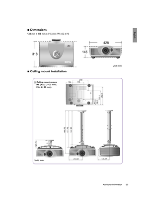 Page 59  59
  Additional information
English Dimensions
428 mm x 318 mm x 145 mm (W x D x H)
 Ceiling mount installation
428
318145
Unit: mm
83.2
104 175240
214.01
537.90 668.70
577.70
178.17
127.70
92.2
222.2282.2
Ceiling mount screws:
M6 (Max. L = 25 mm; 
Min. L= 20 mm)
Unit: mm
SH940_EN.book  Page 59  Wednesday, October 3, 2012  2:36 PM 