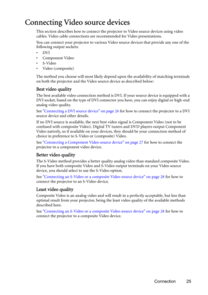 Page 25Connection 25
Connecting Video source devices
This section describes how to connect the projector to Video source devices using video 
cables. Video cable connections are recommended for Video presentations. 
You can connect your projector to various Video source devices that provide any one of the 
following output sockets:
•DVI
•Component Video
•S-Video
•Video (composite)
The method you choose will most likely depend upon the availability of matching terminals 
on both the projector and the Video...