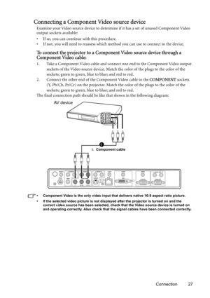 Page 27Connection 27
Connecting a Component Video source device
Examine your Video source device to determine if it has a set of unused Component Video 
output sockets available: 
• If so, you can continue with this procedure.
• If not, you will need to reassess which method you can use to connect to the device.
To connect the projector to a Component Video source device through a 
Component Video cable:
1. Take a Component Video cable and connect one end to the Component Video output 
sockets of the Video...