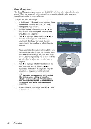 Page 4848 Operation
Color Management
The Color Management provides six sets (RGBCMY) of colors to be adjusted to favorite 
colors. When you select each color, you can independently adjust its color range and 
saturation according to your preference.
To adjust and store the settings:
1. In the Picture -- Advanced menu, highlight Color 
Management and press ENTER. The Color 
Management page displays.
2. Highlight Primary Color and press  /  to 
select a color from among Red, Yellow, Green, 
Cyan, Blue, and...