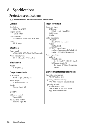 Page 7676 Specifications
8. Specifications
Projector specifications
All specifications are subject to change without notice.
Optical
Resolution
1280 x 768 WXGA
Display system
1-CHIP DMD
Lens F/Number
F=2.4 to 2.58, f= 22.32 to 26.06 mm
Lamp
300 W lamp
Electrical
Power supply
AC100–240V, 4.5A, 50-60 Hz (Automatic)
Power consumption
450 W (Max); 1.5 W (Standby)
Mechanical
We i g h t
10 lbs (4.5 Kg)
Output terminals
RGB output
D-Sub 15-pin (female) x 1
Audio output
RCA audio jack (L/R)
Speaker
(Stereo) 2 watt x 2...