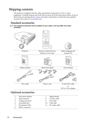 Page 1010 Introduction
Shipping contents
The projector is shipped with the cables required for connection to a PC or video 
equipment. Carefully unpack and verify that you have all of the items shown below. If any of 
these items are missing, please contact your place of purchase or check the most updated 
accessory list on line at www.BenQ.com.
Standard accessories
The supplied accessories will be suitable for your region, and may differ from those 
illustrated.
Optional accessories
Projector Remote control...