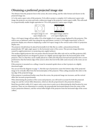 Page 13  13
  Positioning your projector
EnglishObtaining a preferred projected image size
The distance from the projector lens to the screen, the zoom setting, and the video format each factors in the 
projected image size.
4:3 is the native aspect ratio of this projector. To be able to project a complete 16:9 (widescreen) aspect ratio 
image, the projector can resize and scale a widescreen image to the projectors native aspect width. This will result 
in a proportionally smaller height equivalent to 75% of...