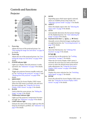 Page 9  9
  Introduction
EnglishControls and functions
Projector
1. Focus ring
Adjusts the focus of the projected picture. See 
Fine-tuning the image size and clarity on page 28 
for details.
2. Zoom ring
Adjusts the size of the projected picture. See Fine-
tuning the image size and clarity on page 28 for 
details.
3. POWER indicator light
Lights up or flashes when the projector is under 
operation. See Indicators on page 50 for details.
4. Power
Toggles the projector between standby mode and 
on. See Starting...