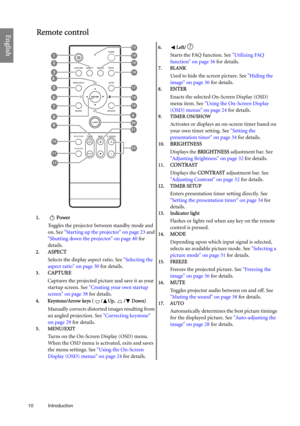 Page 1010 Introduction  
EnglishRemote control
1. Power
Toggles the projector between standby mode and 
on. See Starting up the projector on page 23 and 
Shutting down the projector on page 40 for 
details.
2.ASPECT
Selects the display aspect ratio. See Selecting the 
aspect ratio on page 30 for details.
3.CAPTURE
Captures the projected picture and save it as your 
startup screen. See Creating your own startup 
screen on page 38 for details.
4. Keystone/Arrow keys ( / Up,  / Down)
Manually corrects distorted...