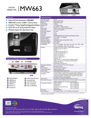 Page 1BenQ  Amer ica C orp.
15375 Bar ranca P arkwa y. S uit e A-205.  Irv ine,  CA 92618       Tel: (949) 255-9500       www .BenQ.us
BenQ is a  re gis te re d  tr a d emar k of B enQ  Corp .  D LP® is a  re gis te re d  tr a d ema rk  of T exas I nstru me nts .  A ll  rig hts  res erve d.
Product names, logos, brands, and other trademarks featured or referred \
to in this materials are the property of their respective trademark holders.
Specifications subject to change without notice.  
MW663
DIGITAL...