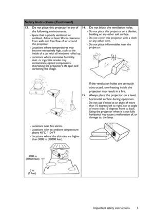 Page 5Important safety instructions 5
Safety Instructions (Continued)
13. Do not place this projector in any of 
the following environments.
- Space that is poorly ventilated or 
confined. Allow at least 50 cm clearance 
from walls and free flow of air around 
the projector. 
- Locations where temperatures may 
become excessively high, such as the 
inside of a car with all windows rolled up.
- Locations where excessive humidity, 
dust, or cigarette smoke may 
contaminate optical components, 
shortening the...