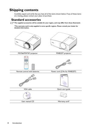 Page 8Introduction 8
Shipping contents
Carefully unpack and verify that you have all of the items shown below. If any of these items 
are missing, please contact your place of purchase.
Standard accessories
The supplied accessories will be suitable for your region, and may differ from those illustrated.
*The warranty card is only supplied in some specific regions. Please consult your dealer for 
detailed information.
MX766/MW767 projector MX822ST projector
Remote control with batteries Power cord (2.9m for...