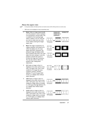 Page 27Operation 27
About the aspect ratio
•  In the pictures below, the black portions are inactive areas and the white portions are active areas.
•  OSD menus can be displayed on those unused black areas.
1.Auto: Scales an image proportionally 
to fit the projectors native resolution 
in its horizontal or vertical width. This 
is suitable for the incoming image 
which is neither in 4:3 nor 16:9 and 
you want to make most use of the 
screen without altering the images 
aspect ratio.
2.Real
: The image is...