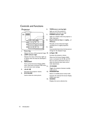 Page 10Introduction 10
Controls and functions
Projector6. TEMPerature warning light
Lights up red if the projectors 
temperature becomes too high.
7. POWER indicator light
Lights up or flashes when the projector is 
under operation.
8. Keystone/Arrow keys ( / Up,  /
Down)
Manually corrects distorted images 
resulting from an angled projection.
9. Auto
Automatically determines the best picture 
timings for the displayed image.
10. Right/
Increases the projector volume. 
When the On-Screen Display (OSD) 
menu is...