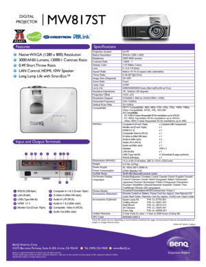 Page 1BenQ  Amer ica C orp.
15375 Bar ranca P arkwa y. S uit e A-205.  Irv ine,  CA 92618       Tel: (949) 255-9500       www .BenQ.us
BenQ is a  re gis te re d  tr a d emar k of B enQ  Corp .  A ll  rig hts  res erve d.  
Product names, logos, brands, and other trademarks featured or referred \
to in this materials are the property of their respective trademark holders.
Specifications subject to change without notice.
1
2
3
4
5 6
7RS232 (DB-9pin)
LAN (RJ45)
USB (Type Mini B)
HDMI  V1.3
Monitor Out (D-sub...