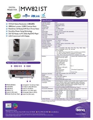 Page 1BenQ  Amer ica C orp.
15375 Bar ranca P arkwa y. S uit e A-205.  Irv ine,  CA 92618       Tel: (949) 255-9500       www .BenQ.us
BenQ is a  re gis te re d  tr a d emar k of B enQ  Corp .  D LP® is a  re gis te re d  tr a d ema rk  of T exas I nstru me nts .  A ll  rig hts  res erve d.
Product names, logos, brands, and other trademarks featured or referred \
to in this materials are the property of their respective trademark holders.
Specifications subject to change without notice.  
I
MW821ST
DIGITAL...