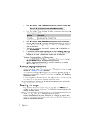 Page 30Operation 304. Press  to highlight Timer Position and set the timer position by pressing  /
.
5. Press   to highlight Timer Counting Direction and select your desired counting 
direction by pressing  / .
6. Press  to highlight Sound Reminder and decide if you want to activate sound 
reminder by pressing  / . If you select On, a double beep sound will be heard at 
the last 30 seconds of counting down/up, and a triple beep sound will be produced 
when the timer is up.
7. To activate the presentation timer,...