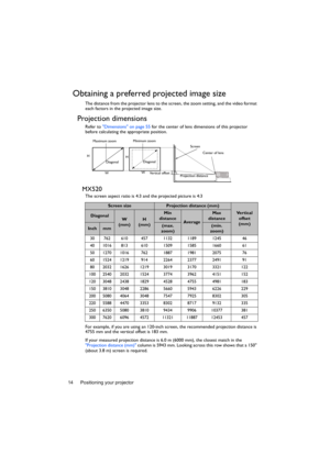 Page 14Positioning your projector 14
Obtaining a preferred projected image size
The distance from the projector lens to the screen, the zoom setting, and the video format 
each factors in the projected image size.
Projection dimensions 
Refer to Dimensions on page 55 for the center of lens dimensions of this projector 
before calculating the appropriate position.
MX520
The screen aspect ratio is 4:3 and the projected picture is 4:3
For example, if you are using an 120-inch screen, the recommended projection...