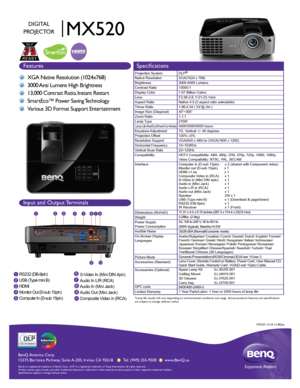 Page 1BenQ  Amer ica C orp.
15375 Bar ranca P arkwa y. S uit e A-205.  Irv ine,  CA 92618       Tel: (949) 255-9500       www .BenQ.us
BenQ is a  re gis te re d  tr a d emar k of B enQ  Corp .  D LP® is a  re gis te re d  tr a d ema rk  of T exas I nstru me nts .  A ll  rig hts  res erve d.
Product names, logos, brands, and other trademarks featured or referred \
to in this materials are the property of their respective trademark holders.
Specifications subject to change without notice.  
I
MX520
DIGITAL...