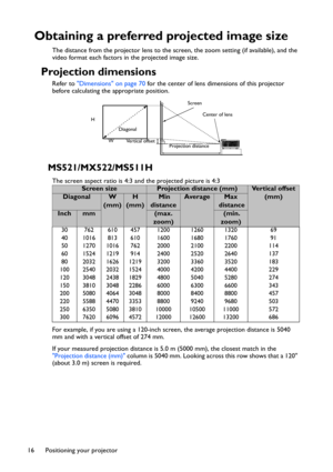 Page 16Positioning your projector 16
Obtaining a preferred projected image size
The distance from the projector lens to the screen, the zoom setting (if available), and the 
video format each factors in the projected image size.
Projection dimensions
Refer to Dimensions on page 70 for the center of lens dimensions of this projector 
before calculating the appropriate position. 
MS521/MX522/MS511H
The screen aspect ratio is 4:3 and the projected picture is 4:3
For example, if you are using a 120-inch screen, the...