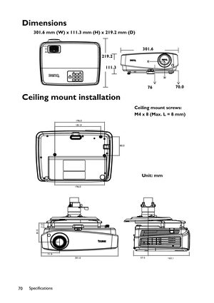 Page 70Specifications
70
Dimensions
301.6 mm (W) x 111.3 mm (H) x 219.2 mm (D)
Ceiling mount installation
301.6
219.2
111.3
7670.0
80.0
196.0196.0
181.0
71.9
301.6
21.0
81.0
57.5
162.1
Ceiling mount screws:
M4 x 8 (Max. L = 8 mm)
Unit: mm 