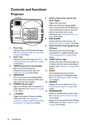 Page 10Introduction 10
Controls and functions
Projector
7. Volume /Arrow keys ( /  Left, 
/  Right)
Adjusts the sound level. 
When the On-Screen Display (OSD) 
menu is activated, the #7 and #9 keys are 
used as directional arrows to select the 
desired menu items and to make 
adjustments. See Using the menus on 
page 28 for details.
8. ECO BLANK
Used to hide the screen picture. See 
Hiding the image on page 41 for details.
9. Keystone/Arrow keys ( / Up,  /
Down)
Manually corrects distorted images 
resulting...