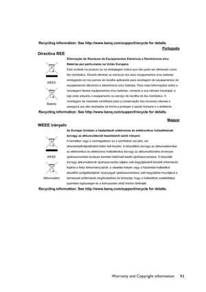 Page 93Warranty and Copyright information
93
Recycling information: See http://www.benq.com/support/recycle for details. 
Português
Directiva REE 
WEEE
BateriaEliminação de Resíduos de Equipamentos Eléctricos e Electrónicos e/ou 
Baterias por particulares na União Europeia. 
Este símbolo no produto ou na embalagem indica que não pode ser eliminado como 
lixo doméstico. Deverá eliminar os resíduos dos seus equipamentos e/ou baterias 
entregando-os nos pontos de recolha aplicáveis para reciclagem de equipamentos...