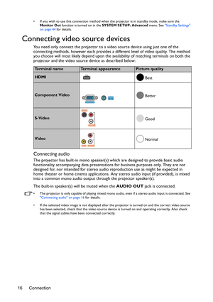 Page 16Connection
16
•  If you wish to use this connection method when  the projector is in standby mode, make sure the 
Monitor Out function is turned on in the SYSTEM SETUP: Advanced  menu. See Standby Settings 
on page 44  for details.
Connecting video source devices
You need only connect the projector to a video source device using just one of the 
connecting methods, however each provides a  different level of video quality. The method 
you choose will most likely depend upon the availability of matching...