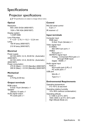 Page 53Specifications 53
Specifications
Projector specifications
All specifications are subject to change without notice.
Optical
Resolution800 x 600 SVGA (MS616ST)
1024 x 768 XGA (MX618ST)
Display system 1-CHIP DMD
Lens F/Number F = 2.6 ~ 2.78, f = 10.2 ~ 12.24 mm
Lamp 190 W lamp (MS616ST)
210 W lamp (MX618ST)
Electrical
Power supplyAC100–240V, 3.2 A, 50-60 Hz  (Automatic) 
(MS616ST)
AC100–240V, 3.5 A, 50-60 Hz  (Automatic) 
(MX618ST)
Power consumption
275 W (Max); < 0.5 W (Standby) (MS616ST)
295 W (Max); <...