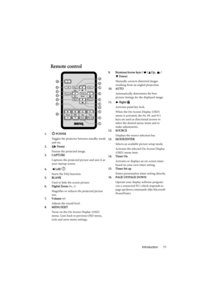 Page 11Introduction 11
Remote control
1. POWER
Toggles the projector between standby mode 
and on.
2.  Freeze
Freezes the projected image.
3. CAPTURE
Captures the projected picture and save it as 
your startup screen.
4. Left/
Starts the FAQ function. 
5. BLANK
Used to hide the screen picture.
6. Digital Zoom (+, -)
Magnifies or reduces the projected picture 
size.
7. Volume +/-
Adjusts the sound level.
8. MENU/EXIT
Turns on the On-Screen Display (OSD) 
menu. Goes back to previous OSD menu, 
exits and saves...