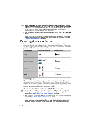 Page 16Connection 16
•  Many notebooks do not turn on their external video ports when connected to a projector. 
Usually a key combo like FN + F3 or CRT/LCD key turns the external display on/off. Locate 
a function key labeled CRT/LCD or a function key with a monitor symbol on the notebook. 
Press FN and the labeled function key simultaneously. Refer to your notebooks 
documentation to find your notebooks key combination.
•  The D-Sub output only works when an appropriate D-Sub input is made to the COMPUTER 
1...