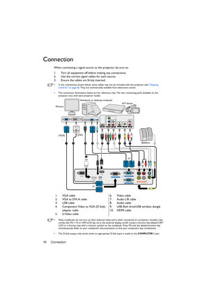 Page 16Connection 16
Connection
When connecting a signal source to the projector, be sure to:
1. Turn all equipment off before making any connections.
2. Use the correct signal cables for each source.
3. Ensure the cables are firmly inserted.
•  In the connections shown below, some cables may not be included with the projector (see Shipping 
contents on page 8). They are commercially available from electronics stores.
•  The connection illustrations below are for reference only. The rear connecting jacks...