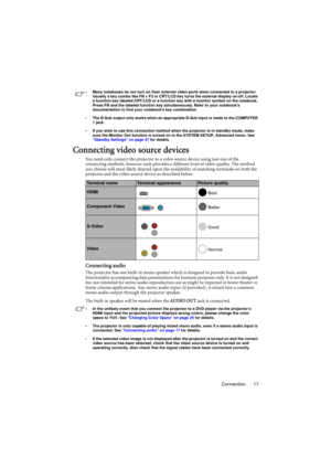 Page 17Connection 17
•  Many notebooks do not turn on their external video ports when connected to a projector. 
Usually a key combo like FN + F3 or CRT/LCD key turns the external display on/off. Locate 
a function key labeled CRT/LCD or a function key with a monitor symbol on the notebook. 
Press FN and the labeled function key simultaneously. Refer to your notebooks 
documentation to find your notebooks key combination.
•  The D-Sub output only works when an appropriate D-Sub input is made to the COMPUTER 
1...