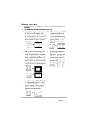 Page 27Operation 27
About the aspect ratio
•  In the pictures below, the black portions are inactive areas and the white portions are 
active areas.
•  OSD menus can be displayed on those unused black areas.
1.Auto: Scales an image proportionally to fit 
the projectors native resolution in its 
horizontal or vertical width. This is suitable 
for the incoming image which is neither in 
4:3 nor 16:9 and you want to make most use 
of the screen without altering the images 
aspect ratio.4.16:9: Scales an image so...