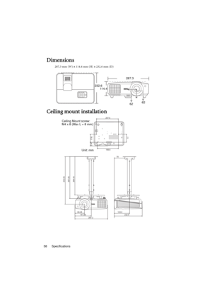 Page 58Specifications 58
Dimensions
287.3 mm (W) x 114.4 mm (H) x 232.6 mm (D)
Ceiling mount installation
287.3
232.6
114.4
6262
445.95
397.90
364.40
83.38
141.88
232.6 123.0 78
287.3
207.6
77
76.5
34.5
199.6
Ceiling Mount screw: 
M4 x 8 (Max L = 8 mm)
Unit: mm 