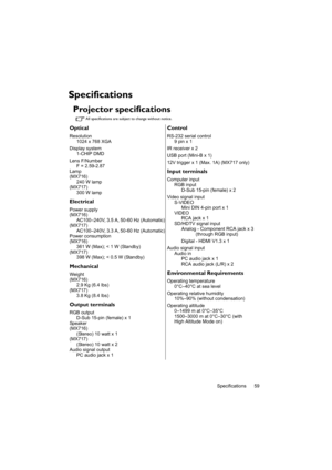 Page 59Specifications 59
Specifications
Projector specifications
All specifications are subject to change without notice.
Optical
Resolution1024 x 768 XGA
Display system 1-CHIP DMD
Lens F/Number F = 2.59-2.87
Lamp
(MX716) 240 W lamp
(MX717) 300 W lamp
Electrical
Power supply
(MX716)AC100–240V, 3.5 A, 50-60 Hz (Automatic)
(MX717)
AC100–240V, 3.3 A, 50-60 Hz (Automatic)
Power consumption
(MX716)
361 W (Max); < 1 W (Standby)
(MX717) 398 W (Max); < 0.5 W (Standby)
Mechanical
Weight
(MX716)2.9 Kg (6.4 lbs)
(MX717)...