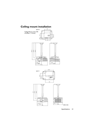 Page 61Specifications 61
Ceiling mount installation
446.15
397.90
364.40
95.33
156.33
244.12 119.21                        
74.19
311.81
137
160
46.21 115
80
448
397.40
364.40
130
191
237.4 13387 228
149.50
84
242.04
339MX717 MX716
Ceiling Mount screw: M4 
x 8 (Max L = 8 mm)
Unit: mm 