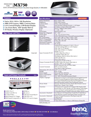 Page 1MX750 
Specifcations
Native Resolution
Brightness
Contrast Ratio
Keystone
Aspect Ratio
Color
Lens
Zoom Ratio
Image Size (Diagonal)
Throw Ratio
Lamp Life
PC Compatibility
HDTV Compatibility
Video Compatibility
Horizontal Frequency
Vertical Scan Rate
Input Terminals PC/AV
Output Terminals PC/AV
Control Terminals
Dimensions (W x H x D)
Weight
Power Supply
Power Consumption
Noise Level
Display Languages
Picture Mode
Functions
Accessories (Standard)
Accessories (Optional)
Lamp P/N
Limited WarrantyXGA (1024 x...