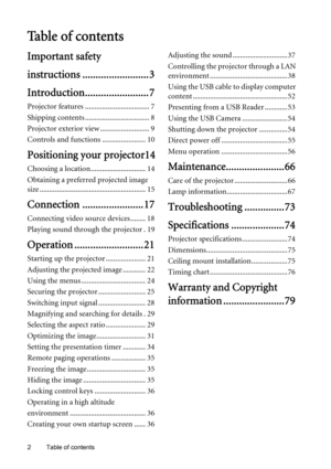 Page 2Table of contents 2
Ta b l e  o f  c o n t e n t s
Important safety 
instructions ......................... 3
Introduction........................ 7
Projector features .................................. 7
Shipping contents .................................. 8
Projector exterior view .......................... 9
Controls and functions ....................... 10
Positioning your projector14
Choosing a location............................. 14
Obtaining a preferred projected image 
size...