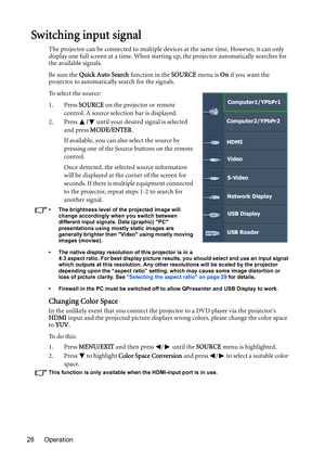 Page 28Operation 28
Switching input signal
The projector can be connected to multiple devices at the same time. However, it can only 
display one full screen at a time. When starting up, the projector automatically searches for 
the available signals.
Be sure the Quick Auto Search function in the SOURCE menu is On if you want the 
projector to automatically search for the signals.
To select the source:
1. Press SOURCE on the projector or remote 
control. A source selection bar is displayed. 
2. Press / until...