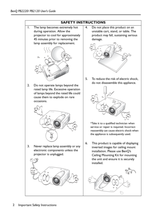 Page 6Important Safety Instructions 2 BenQ PB2220/ PB2120 User’s Guide
SAFETY INSTRUCTIONS
1. The lamp becomes extremely hot 
during operation. Allow the 
projector to cool for approximately 
45 minutes prior to removing the 
lamp assembly for replacement. 
2. Do not operate lamps beyond the 
rated lamp life. Excessive operation 
of lamps beyond the rated life could 
cause them to explode on rare 
occasions. 
3. Never replace lamp assembly or any 
electronic components unless the 
projector is unplugged. 4. Do...