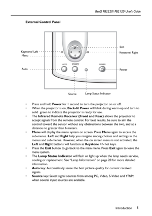 Page 9Introduction5 BenQ PB2220/ PB2120 User’s Guide
External Control Panel 
 Press and hold Pow e r for 1 second to turn the projector on or off.
 When the projector is on, Back-lit Power will blink during warm-up and turn to 
solid  green to indicate the projector is ready for use.
The Infrared Remote Receiver (Front and Rear) allows the projector to 
accept signals from the remote control. For best results, be sure to aim the 
control toward the sensor without any obstructions between the two, and at a...