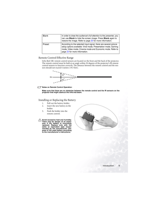 Page 13Introduction 9
Remote Control Effective Range
Infra Red (IR) remote control sensors are located on the front and the back of the projector. 
The remote control must be held at an angle within 30 degrees of the projector’s IR remote 
control sensors to function correctly. The distance between the remote control and the sen-
sors should not exceed 6 meters (19.5 feet). 
Notes on Remote Control Operation:
Make sure that there are no obstacles between the remote control and the IR sensors on the
projector...