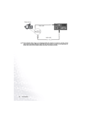 Page 16Connection 12 
If the selected video image is not displayed after the projector is turned on and the correct
video source has been selected, check that the video source is turned on and operating cor-
rectly. Also check that the signal cables have been connected correctly.
Audio cable Video cable
Video devices 