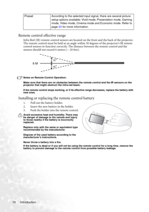 Page 14Introduction 10
Remote control effective range
Infra Red (IR) remote control sensors are located on the front and the back of the projector. 
The remote control must be held at an angle within 30 degrees of the projector’s IR remote 
control sensors to function correctly. The distance between the remote control and the 
sensors should not exceed 6 meters (~ 20 feet). 
Notes on Remote Control Operation:
Make sure that there are no obstacles between the remote control and the IR sensors on the 
projector...