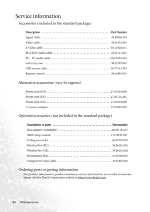 Page 38Maintenance
34
Service information
Accessories (included in the standard package) 
Alternative accessories (vary by regions)
Optional accessories (not incl uded in the standard package)
Ordering parts or getting information
For product information, product assistance, se rvice information, or to order accessories, 
please visit the BenQ Corporation website at http://www.BenQ.com.
Description  . . . . . . . . . . . . . . . . . . . . . . . . . . . . . . . . . . . . . . . . . . . . . . . .  Part Number...