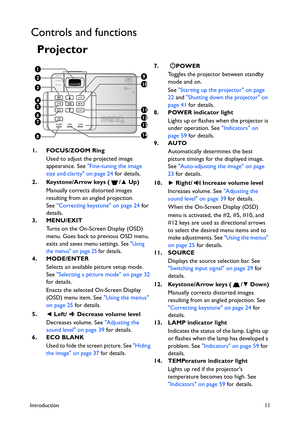 Page 11Introduction11
Controls and functions
Projector
7. POWER
Toggles the projector between standby 
mode and on.
See Starting up the projector on page 
22 and Shutting down the projector on 
page 41 for details.
8. POWER indicator light
Lights up or flashes when the projector is 
under operation. See Indicators on 
page 59 for details.
9. AUTO
Automatically determines the best 
picture timings for the displayed image. 
See Auto-adjusting the image on page 
23 for details.
10.► Right/ Increase volume level...