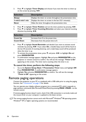 Page 36Operation 36
3. Press ▼ to highlight Timer Display and choose if you want the timer to show up 
on the screen by pressing ◄/►.
4. Press ▼ to highlight Timer Position and set the timer position by pressing ◄/►.
5. Press ▼ to highlight Timer Counting Direction and select your desired counting 
direction by pressing ◄/►.
6. Press ▼ to highlight Sound Reminder and decide if you want to activate sound 
reminder by pressing ◄/►. If you select On, a double beep sound will be heard at 
the last 30 seconds of...