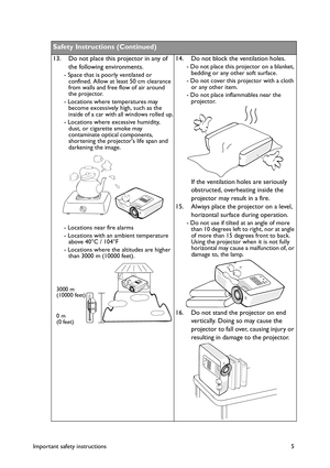 Page 5Important safety instructions 5
Safety Instructions (Continued)
13. Do not place this projector in any of 
the following environments.
- Space that is poorly ventilated or 
confined. Allow at least 50 cm clearance 
from walls and free flow of air around 
the projector. 
- Locations where temperatures may 
become excessively high, such as the 
inside of a car with all windows rolled up.
- Locations where excessive humidity, 
dust, or cigarette smoke may 
contaminate optical components, 
shortening the...