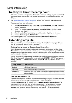 Page 54Maintenance 54
Lamp information
Getting to know the lamp hour
When the projector is in operation, the duration (in hours) of lamp usage is automatically 
calculated by the built-in timer. The method of calculating the equivalent lamp hour is as 
follows:
See Setting Lamp mode as Economic or SmartEco below for more information on Economic mode.
To obtain the lamp hour information:
1. Press MENU/EXIT and then press ◄/► until the SYSTEM SETUP: Advanced 
menu is highlighted.
2. Press ▼ to highlight Lamp...