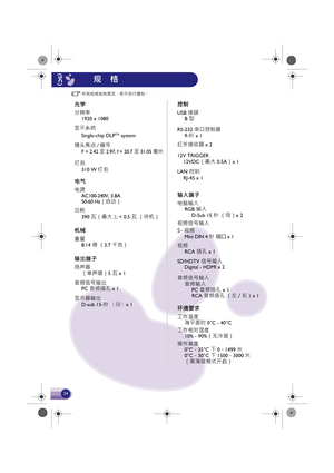 Page 25所有规格如有更改，恕不另行通知。
光学
分辨率1920 x 1080
显示系统 Single-chip DLP
TM system
镜头焦点 / 编号 F = 2.42 至  2.97, f = 20.7 至  31.05 毫米
灯泡
电气
电源 AC100-240V, 3.8A
50-60  Hz（自动 ）
功耗
机械
重量 8.14 磅 （3.7  千克）
输出端子
扬声器
（单声道）5  瓦 x 1
音频信号输出 PC  音频插孔 x 1 
显示器输出 D-sub 15-针 x 1
输入端子
电脑输入
RGB  输入
D-Sub 15 针 （母）x 2
视频信号输入
310 W 灯泡
390 瓦（最大）
; < 0.5 瓦 （待机 ）
控制
USB 接頭
B 型
RS-232  串口控制器
9-针 x 1 
红外接收器 x 2 
12V TRIGGER
    12VDC（最大 0.5A）x 1
LAN 
›S
    RJ-45 x 1
视频 RCA  插孔 x 1 
SD/HDTV  信号输入
Digital - HDMI x 2
音频信号输入 音频输入PC  音频插孔 x 1
RCA...