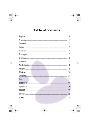 Page 10Table of contents
English ........................................................................\
..................... 10
Français ........................................................................\
.................. 11
Deutsch ........................................................................\
................. 12
Italiano ........................................................................\
...................  13
Español...
