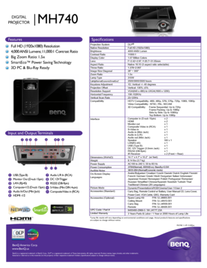 Page 1BenQ  Amer ica C orp.
www .BenQ.us
BenQ is a r egis te re d  tr a d emar k of B enQ  Corp .  D LP® is a r egis te re d  tr a d ema rk  of T exas I nstru me nts .  A ll  rig hts  res erve d.  Product names, logos, brands, and other trademarks 
featured or referred to in this materials are the property of their resp\
ective trademark holders. Specifications subject to change without notice. 
Full HD (1920x1080) Resolution
4,000 ANSI Lumens; 11,000:1 Contrast Ratio 
Big Zoom Ratio: 1.5x
SmartEco™ Power...